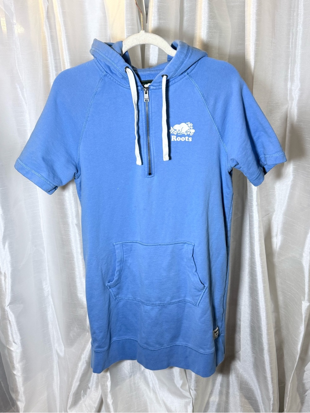 Roots Kids Light Blue Short-Sleeve Hoodie Dress with Kangaroo Pocket